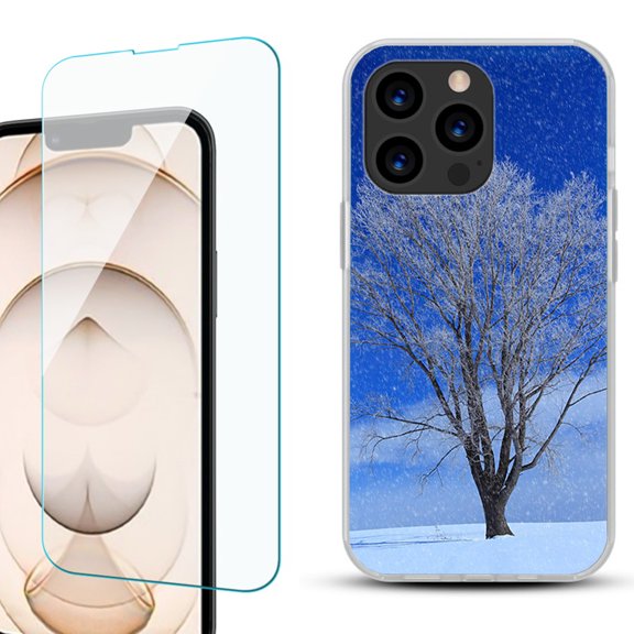 Slim-Fit Anti-Scratch Gel TPU Phone Case for iPhone 13 Pro, with Tempered Glass Screen Protector, by OneToughShield ® - Snowing Tree