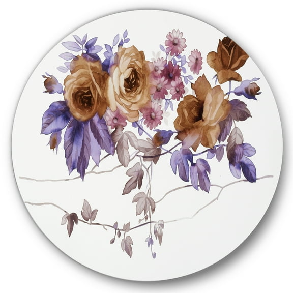 Designart 'Purple Wildflowers On White IV' Traditional Circle Metal Wall Art 36x36 - Disc of 36