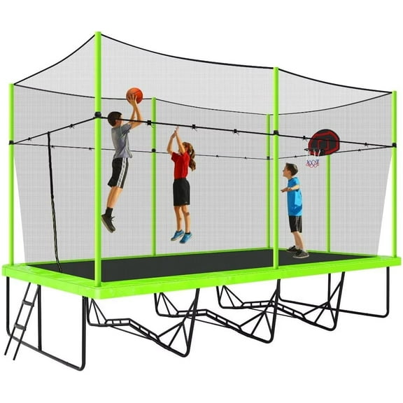 Rectangle Trampoline for Adults, 10x17 FT Large Outdoor Rectangular Trampoline for Backyard - ASTM Certified - Gymnastics Trampoline with Enclosure Net, Basketball Hoop, Strong Base, Green