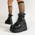 thumbnail image 4 of Platform Wedge Combat Boots for Women Gothic Punk Leather Lace up Chunky High Heel Ankle Booties Shoes, 4 of 7