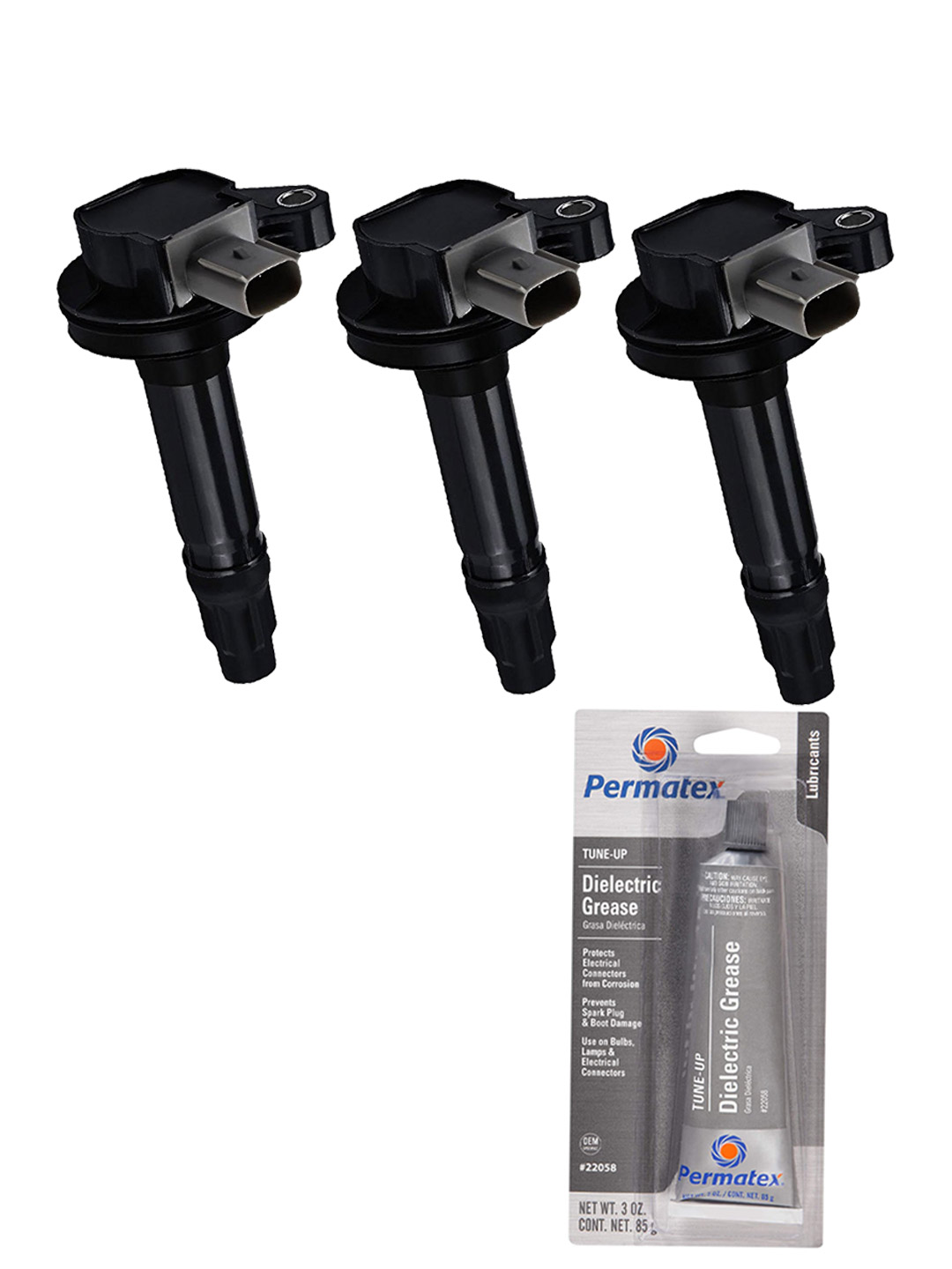 Set of 3 Ignition Coils and Permatex 22058 Dielectric TuneUp Grease Compatible with 2013