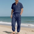 thumbnail image 2 of Hinvhai Men 2 Piece Linen Set Outfits Drawstring Long Pants Button Down Roll Up Sleeve Shirts Beach Wedding Suit Sets Navy L(L), 2 of 9