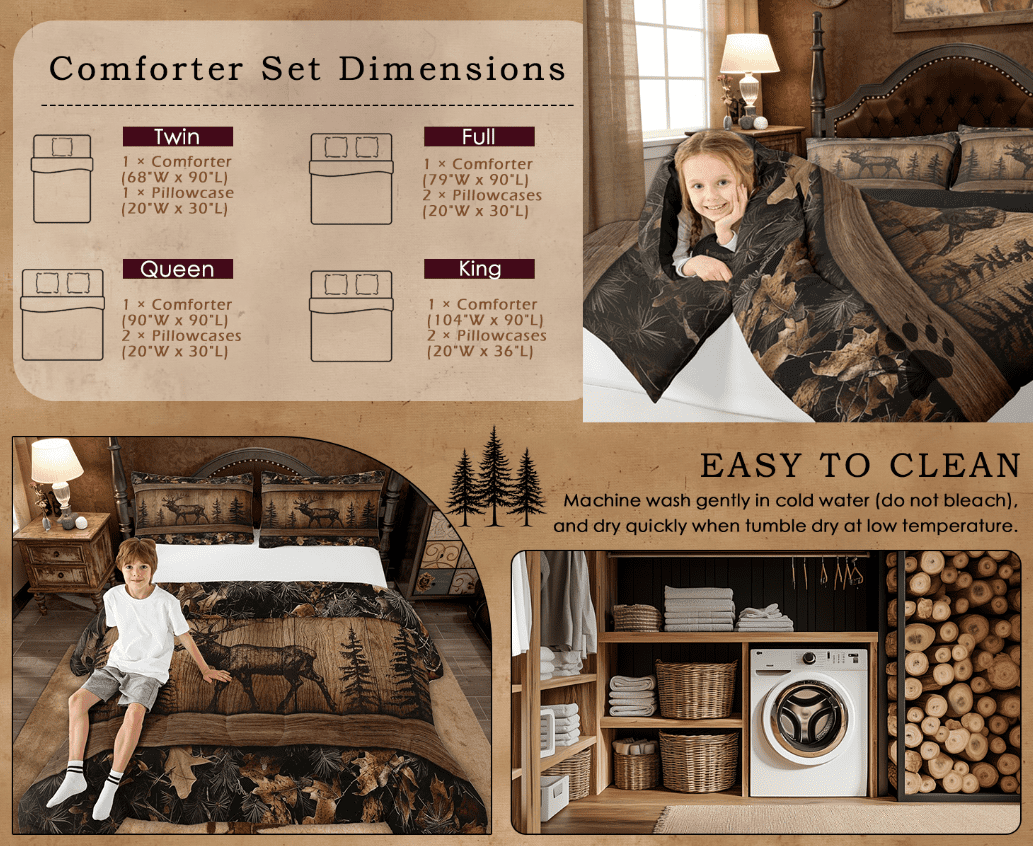 Camo Moose Bedding Comforter Sets Rustic Tree Camouflage Wildlife Bedding Set Twin Woodland Hunting Animal Comforter Set Men Farmhouse Wood Board Pine Tree Quilt Set