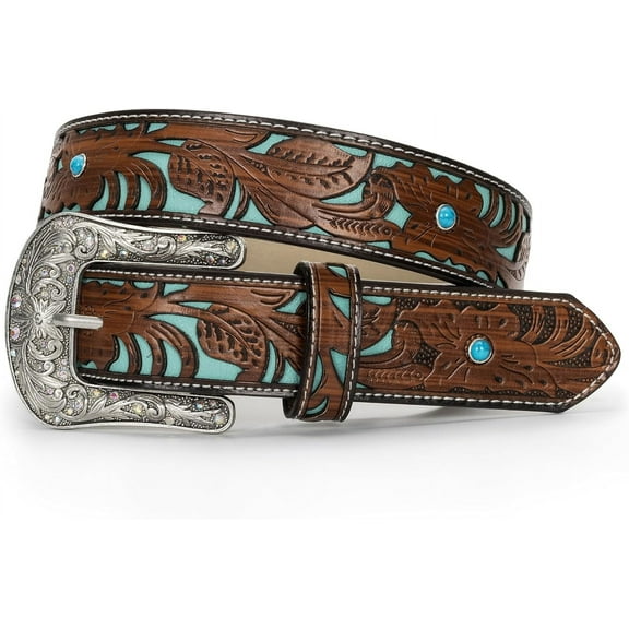 Zhengup Western-Belts for Women, Men-Belt with Rhinestone Buckle-Belts, Turquoise Carved Pattern Western-Belts