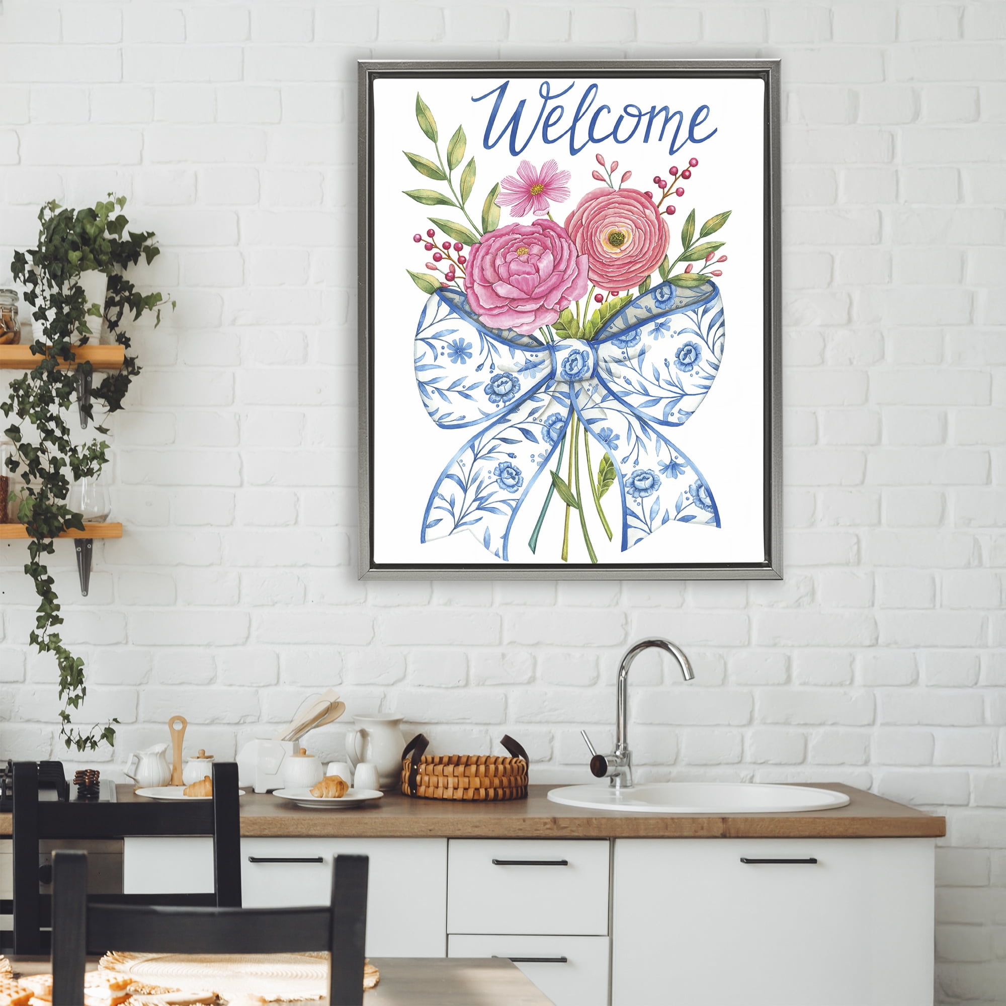Stupell Industries Bow & Flowers Welcome Gray Framed Floater Canvas Wall Art, design by Deb Strain