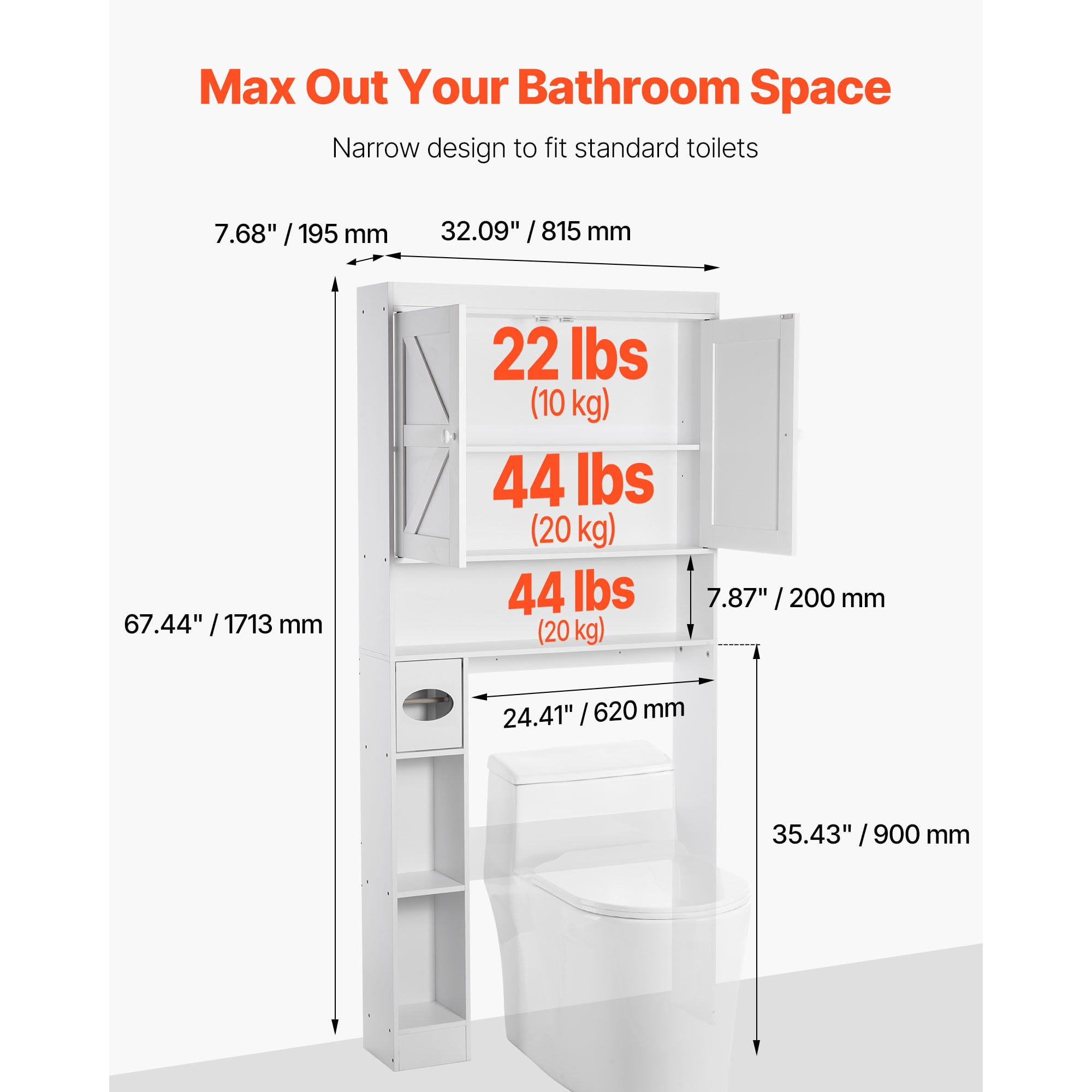 KFFKFF Over-The-Toilet Storage Cabinet, 67.44-Inch Tall Bathroom Organizer with Adjustable Shelf and Double Doors, Space-Saving Bathroom Storage with Open Shelf, White