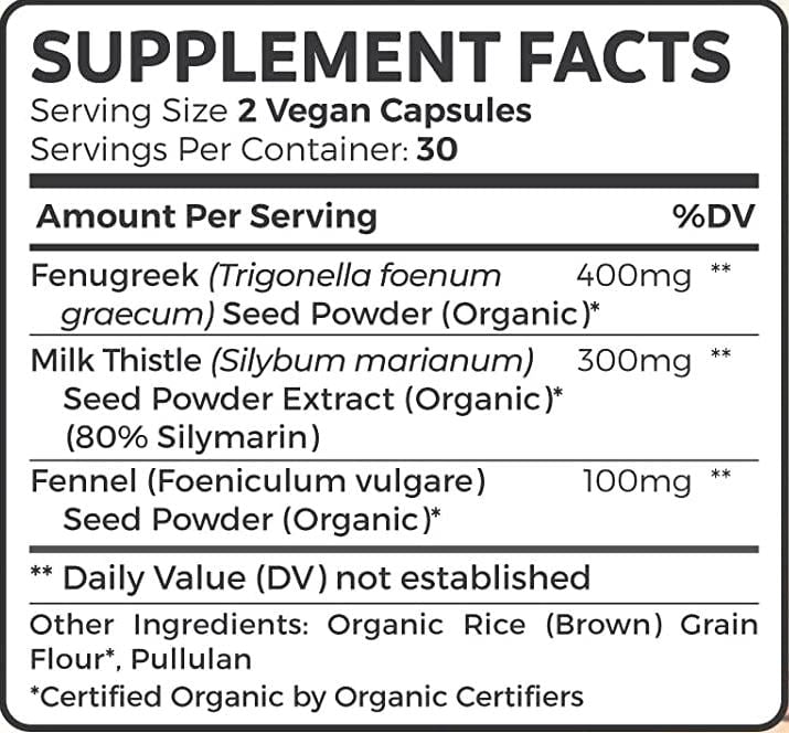 Pure Mom Organic Lactation Supplement with Milk Thistle, Fenugreek Seeds, and Fennel, 60 Capsules