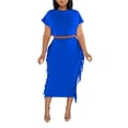 thumbnail image 3 of ZAZYULZ Women's Solid Color Tassel Round Neck Short Sleeve Long Skirt Set(Blue,Xl), 3 of 5