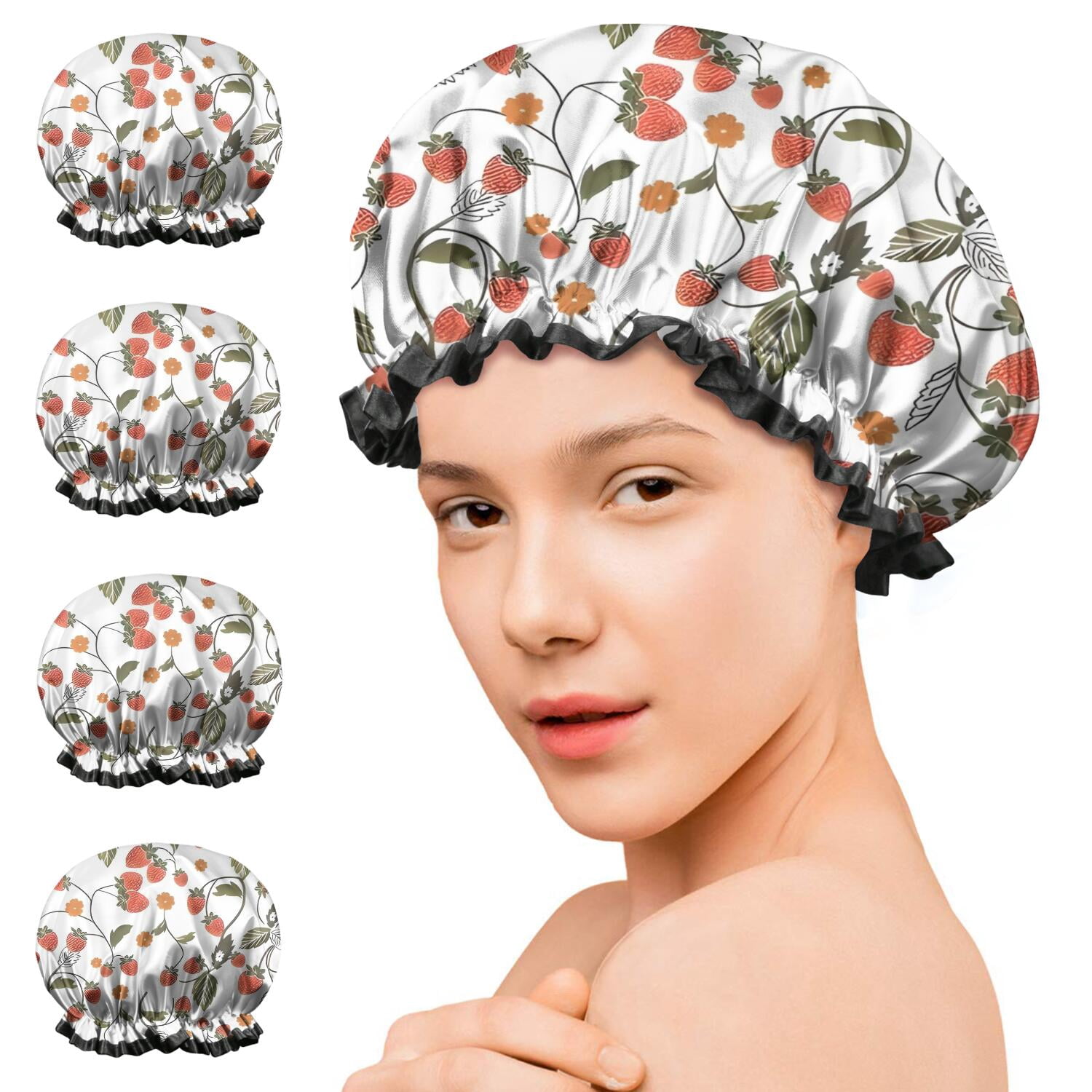 Shower Caps,Strawberry Plants Fruit Flower Leaf Waterproof Shower Cap for Women 4 Pieces,Double Reusable Hair Cover for Shower PEVA Elastic Stretch Hem