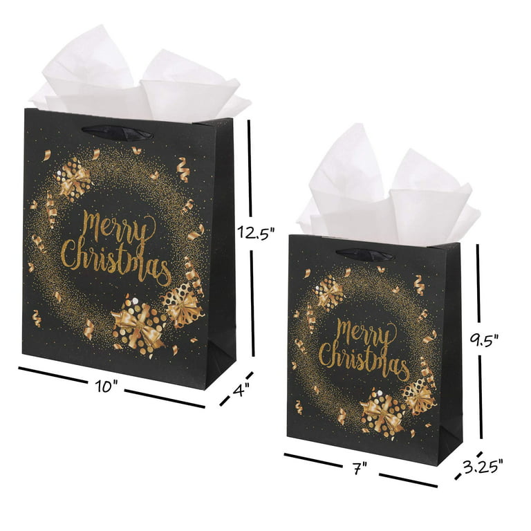  Premium Black and Gold Glittered Bags - Assorted Elegant Bags  in 4 Classy Designs for Xmas Gifts - Set of 12 Medium Gifting Bags and 6  Large Gift Bags - Quality