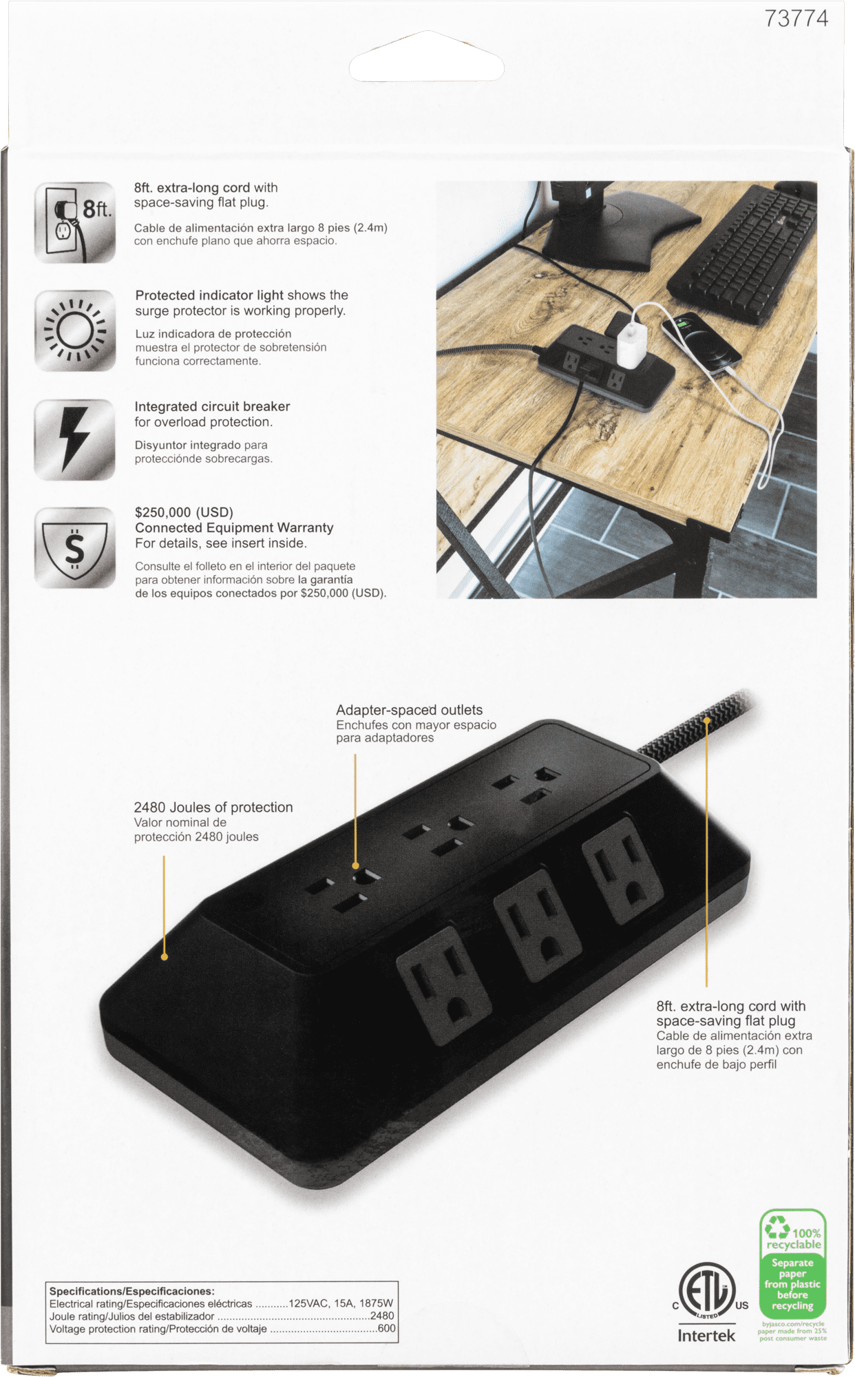 GE Adapt 9-Outlet Surge Protector Power Strip, 8ft Braided Cord, Black