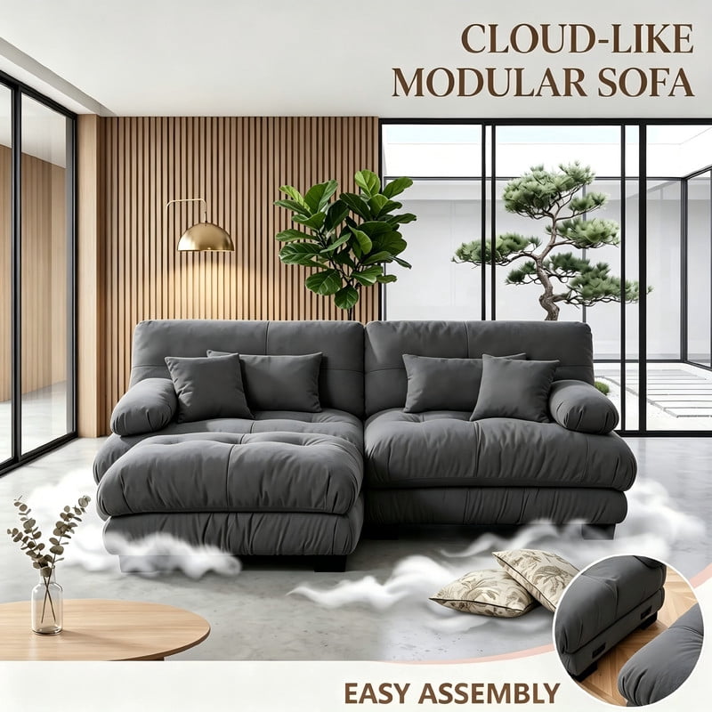 ANPPORT Cloud Couch Sleeper Sofa, Chenille Gray 2-Seater Modular Sofa with 1 Ottomans, 2 Lumbar pillows, 2 Pillows, Comfy Deep Seat Cloud Sofa, Convertible L-Shaped Floor Couch for Living Room