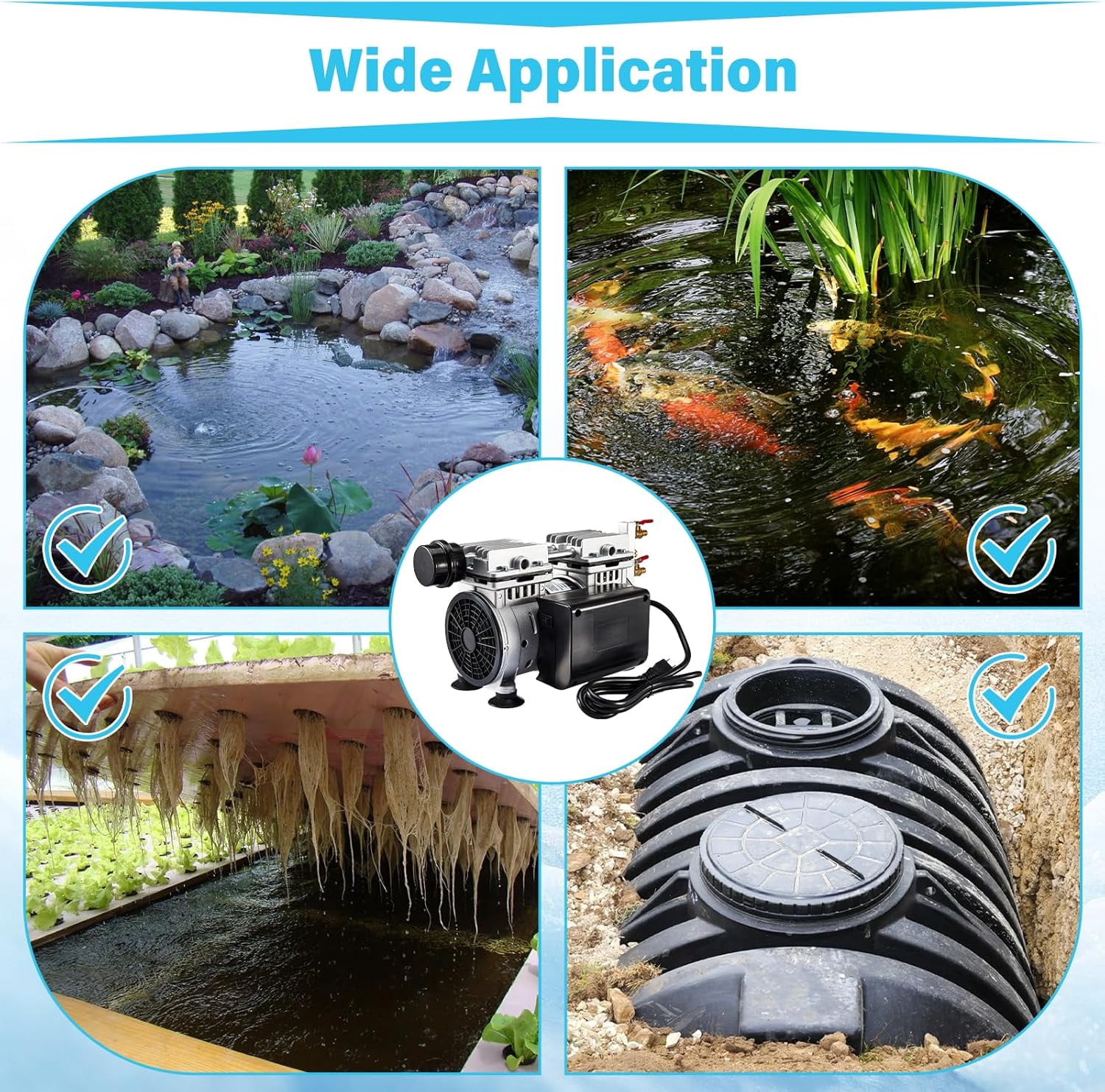 FOUR E's Scientific Pond Aerator, 550 W Power,  5.2 CFM Pond Air Pump for Outdoor, with 2 Diffusers, 98 ft Weighted Hose, for Backyard Koi Fish Tank Lake