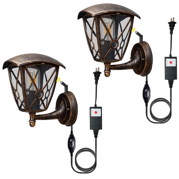 FSLiving Industrial Style AUTO Bronze Cast Wall Light Outdoor Timer Adjustable Photocell Combo with UL Plug-in Cord Dusk to Dawn Setting for Porch Light Backyard Pathway Front Door, Garage 2PCs