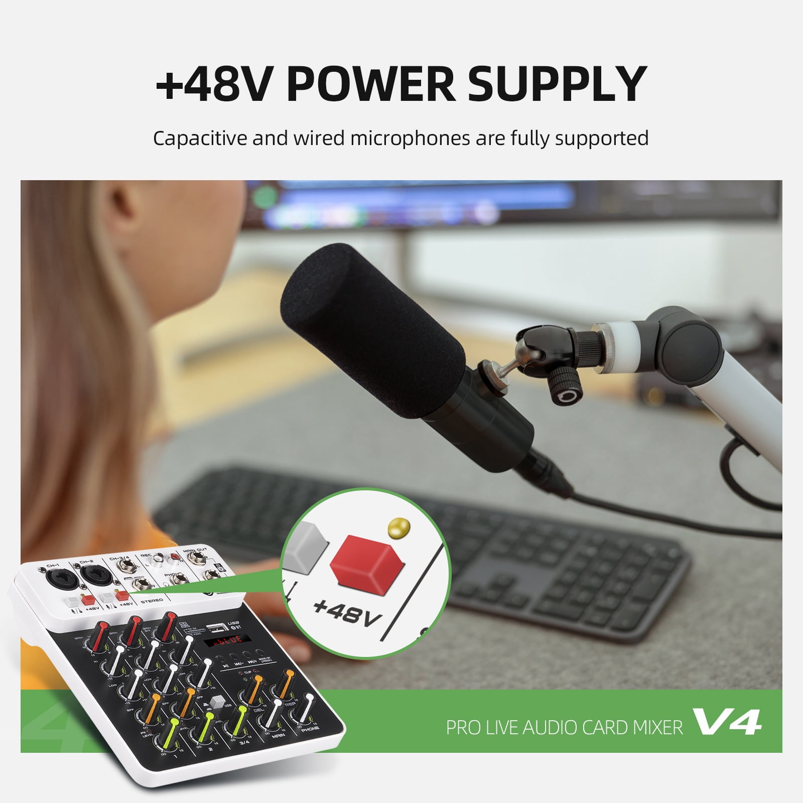 Audio Mixer D Debra Audio  V4 4-channel Audio Mixer with Per Mics, MP3/USB Bluetooth, 48V Phantom Power for Live, Wedding, Party, Recording Broadcast