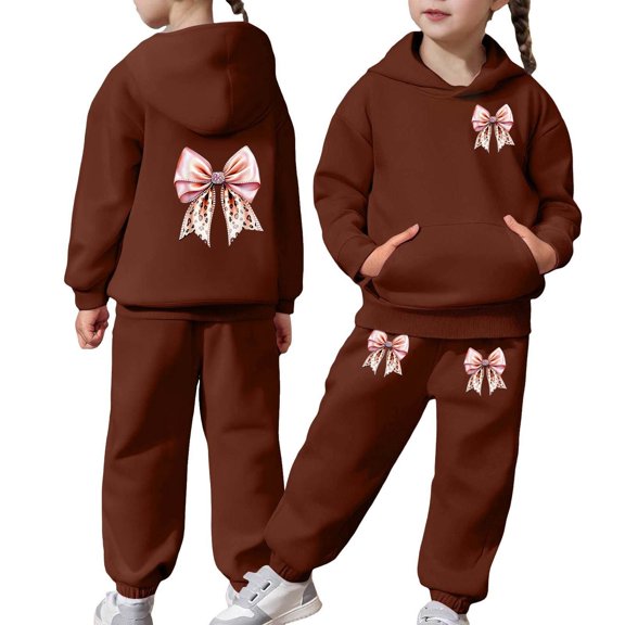 Girls Casual Tracksuit Sweatsuits with Bow Print Design Hoodie Jogger Pants Outfit Clothes