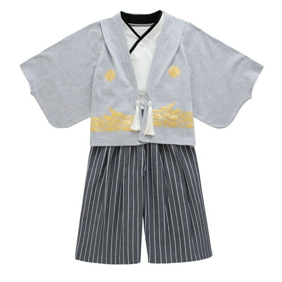 MEZZALL 1 Set Kimono Traditional Clothing Clothes Traditional Kimono Boys Outfits Fabric Black, Grey, 4-5 Years