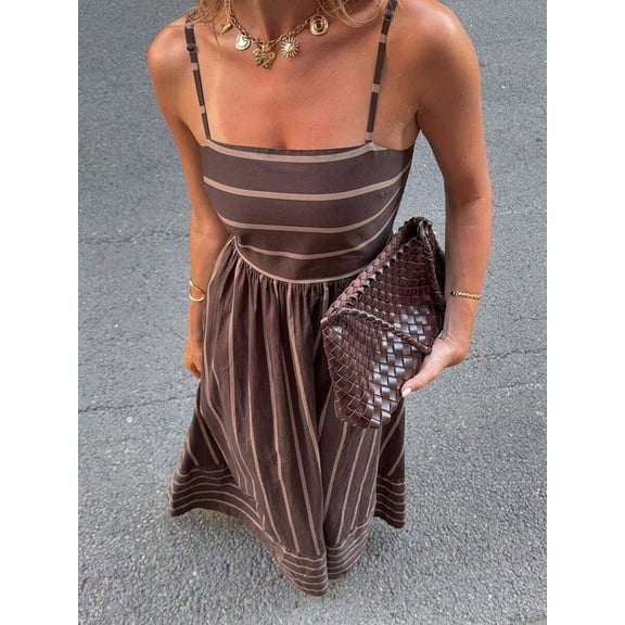Brown Striped Spaghetti Strap Square Neck A-Line Maxi Dress For Women, Casual Vacation Sundress