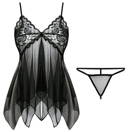 

Jerdar Nightgowns for Women Soft Breathable Sleepwear Underwear Nightwear Lace Lingerie Dress+Briefs G-string Black Free