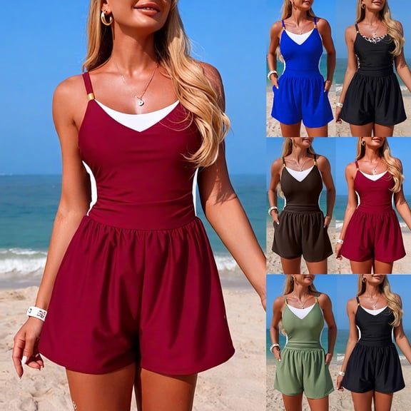 larppty Women's One Piece Swimsuit - Spaghetti Strap V-Neck Ruched Waist Boyleg Short with Side Pockets Tummy Control Quick-Dry Swim & Beach Wear(Blue, XXL)