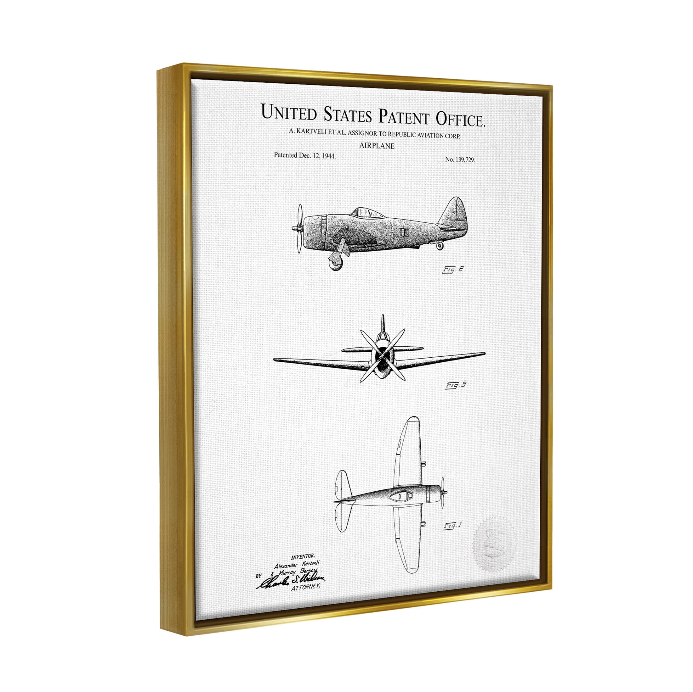 Stupell Industries Detailed Patent US Airplane Graphic Art Metallic Gold Floating Framed Canvas Print Wall Art, Design by Karl Hronek