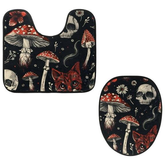 PhooArto Toilet Lid Cover and U-Shaped Toilet Floor Mat Set of 2 Pieces, Cat Skull Mushroom Pattern Toilet Mat Set, Machine Washable Seat Covers Non-Slip Absorbent Rugs