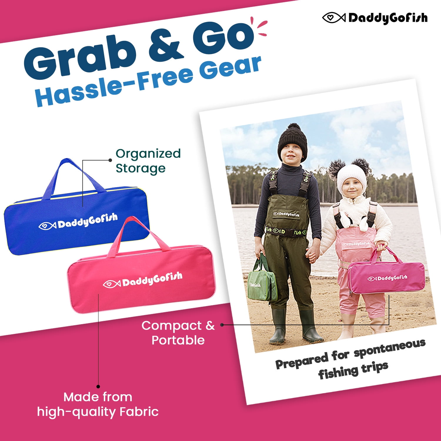 DaddyGoFish Kids Fishing Pole - Rod Reel Combo Tackle Box Starter Set - First Year Small Gear Kit for Boys Girls Toddler Youth Age Beginner Little Children (Essential Set, Blue + Pink, 4ft)