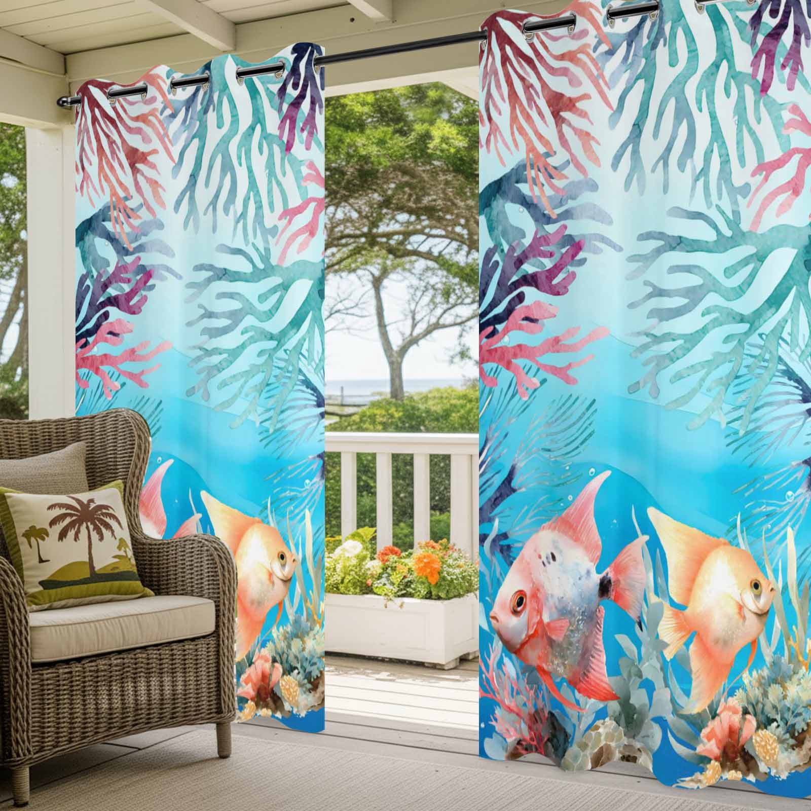 Summer Fish Outdoor Curtains for Patio, Nautical Watercolor Orange Red Blue Marine Life Coral Seaweed Sunshade Privacy Drapes Grommet Waterproof Outside Curtains for Porch Balcony 54"x108", 1 Panel