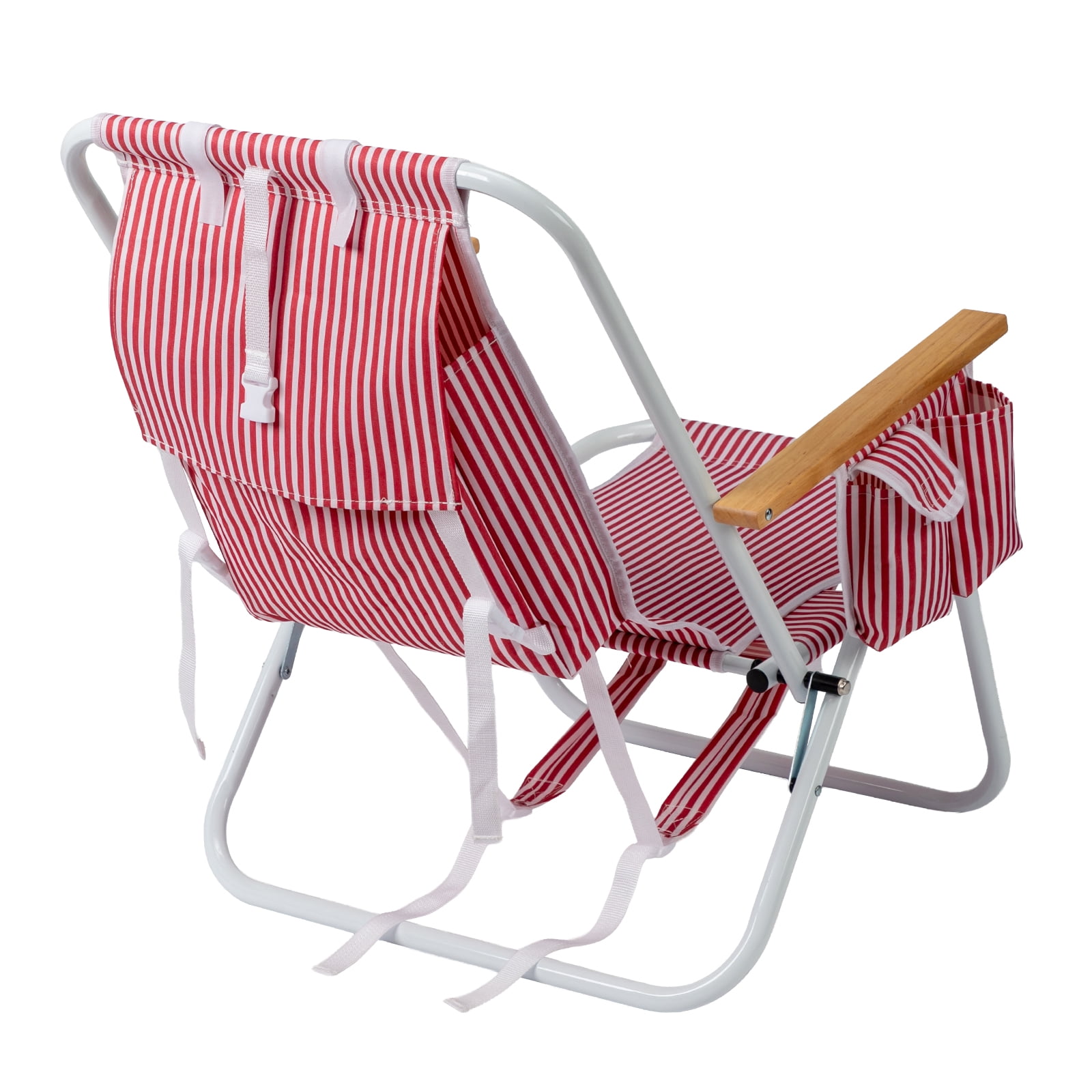 4-Position Adjustable Backpack Beach Chair, Foldable Rustproof Aluminum Frame Lounge Chair with Wooden Armrest, Side Storage Pockets & Detachable Pillow, 24"x22"x37"