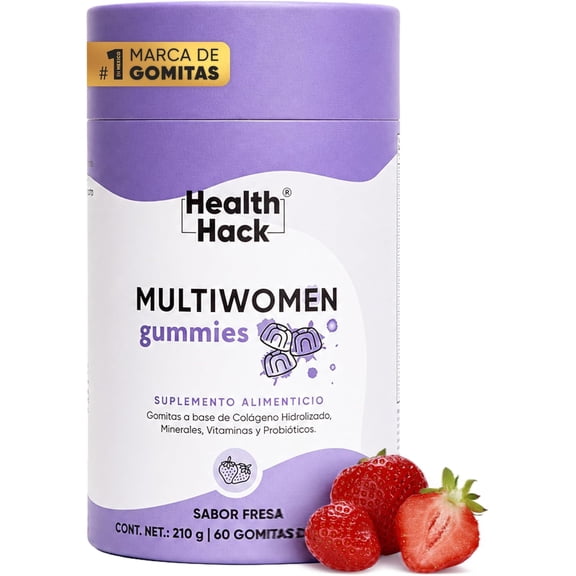 Health Hack Multiwomen Gummies Multivitamínico Femenino con Probióticos, Biotina y Colágeno Sabor Fresa 60 Gomitas