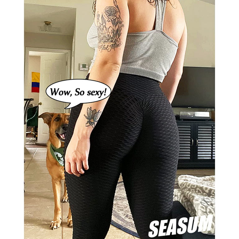 SEASUM Women's High Waist Butt Leggings Tummy Control Textured Workout Yoga  Pants Black XS 