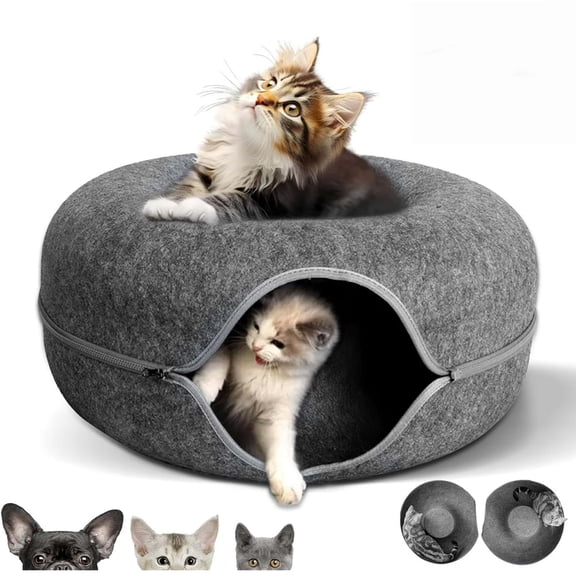 Ceenwes Indoor cat tunnel, cat bed, felt, donut, cat tunnel, suitable for all seasons, semi-enclosed and washable cat bed, suitable for puppies, cats and rabbits, dark gray, 20 inches