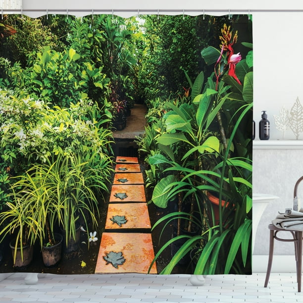 Zen Garden Shower Curtain, Lush Garden with Tropical Plants and Wooden