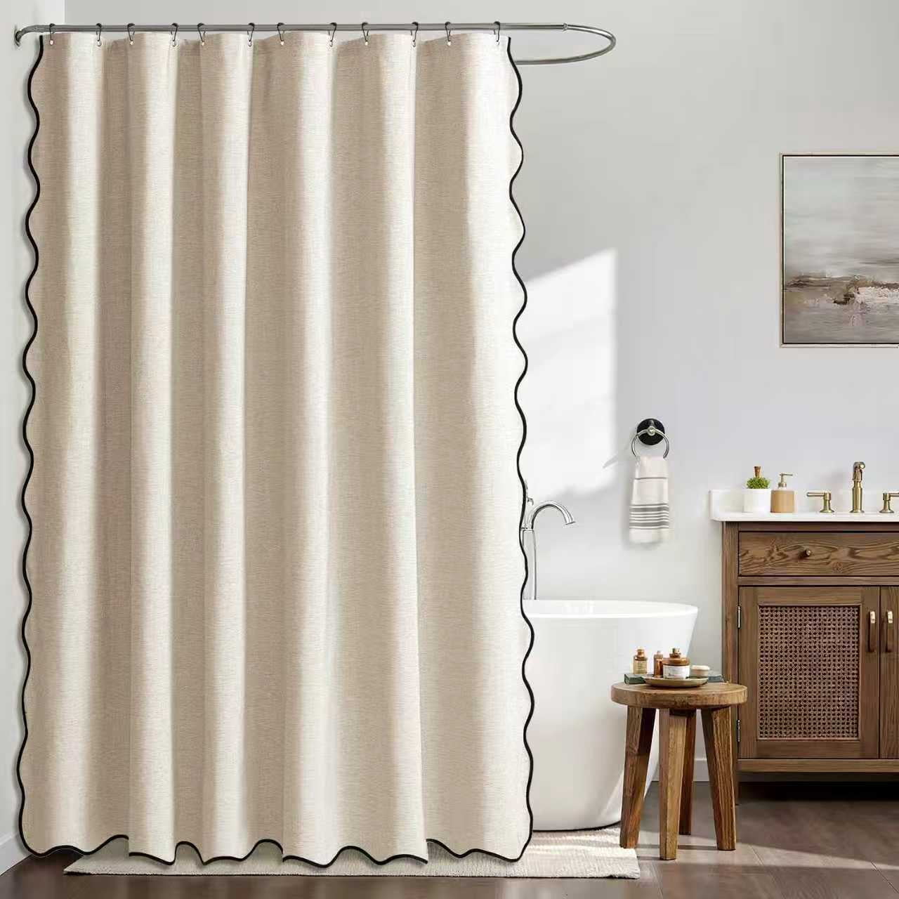 Beige Scalloped Shower Curtain Linen Textured Cute Heavy Duty Washable Waterproof Neutral Thick Cloth Shower Curtains with Black Border for Bathroom Bathtub,W72*L72 Cream