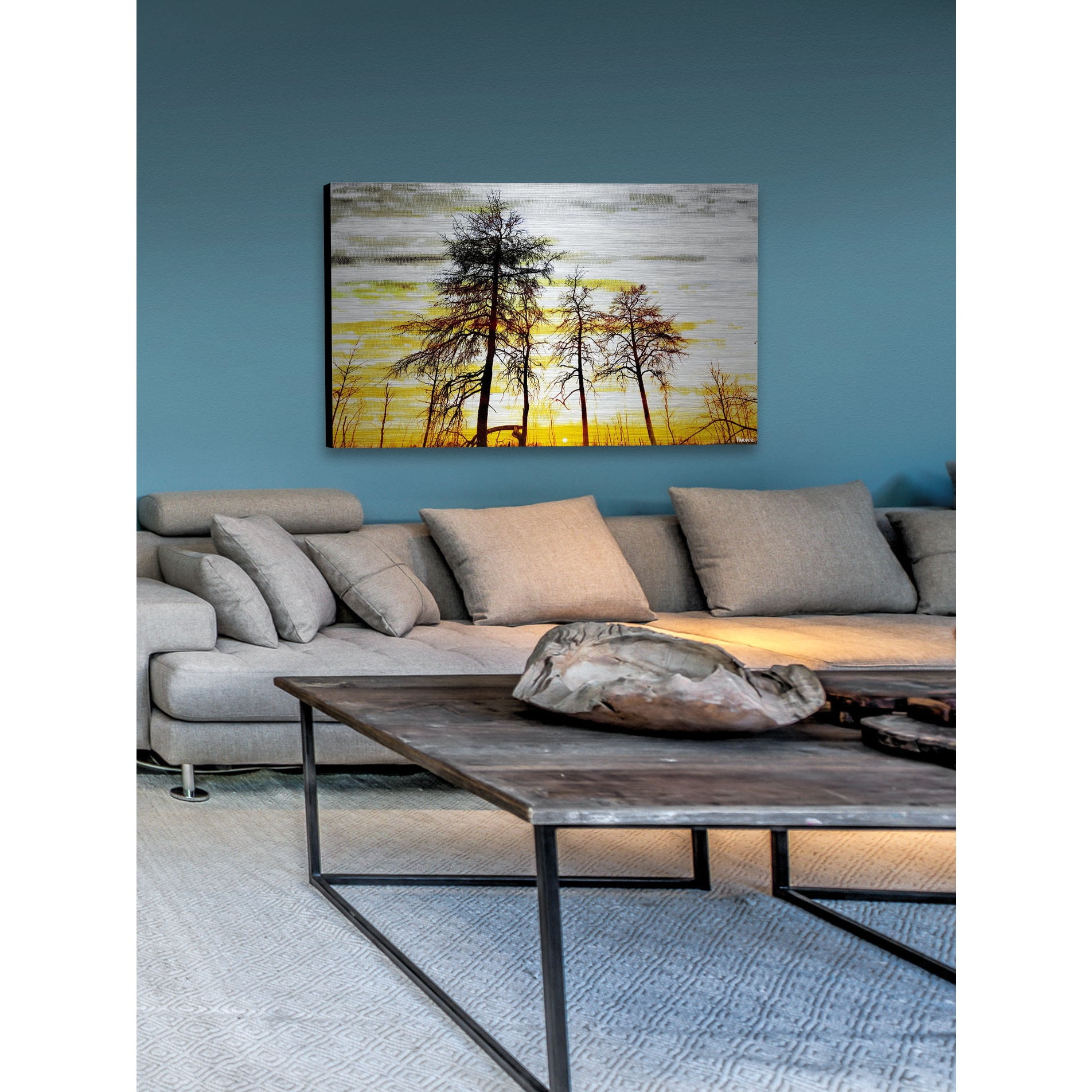 "Trees Against Gold Sky" Painting Print on Brushed Aluminum