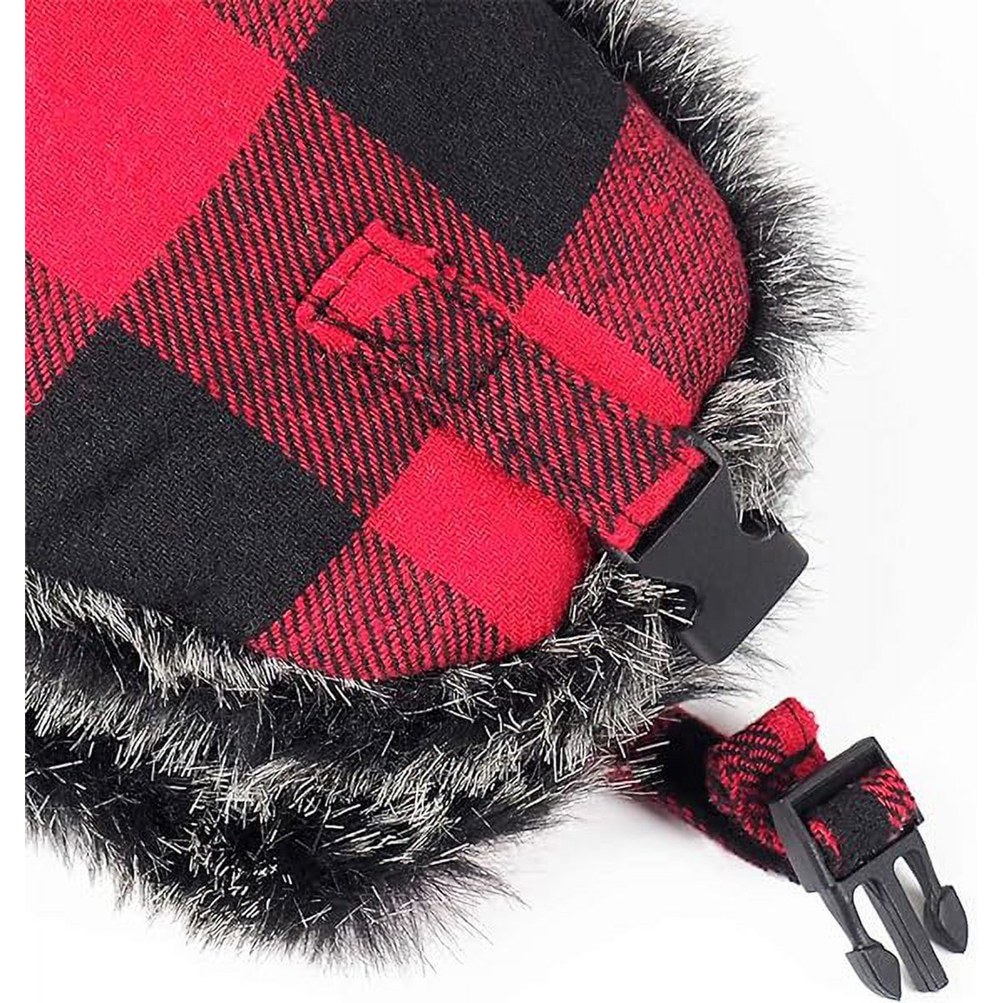 Chapeau Trappeur Fourrure Faux Poils à Carreaux Rouge - Hiver, Rabats Oreilles, Taille Unique
