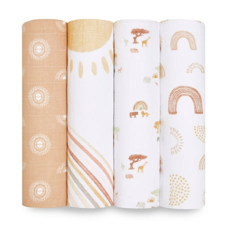 Aden + Anais Essentials 100% Muslin Cotton Swaddle Blanket, Unisex, 4 Pack, Keep Rising