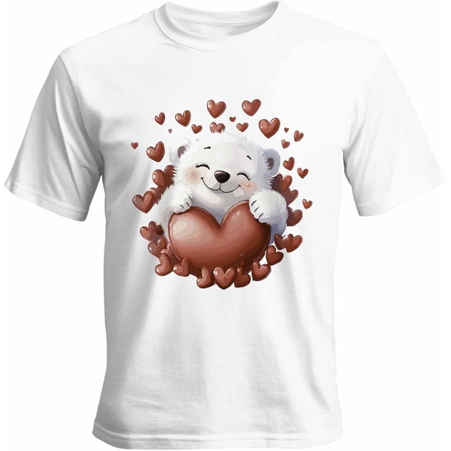 Camisetas informales de manga corta con estampado de corazones y oso blanco para hombre.