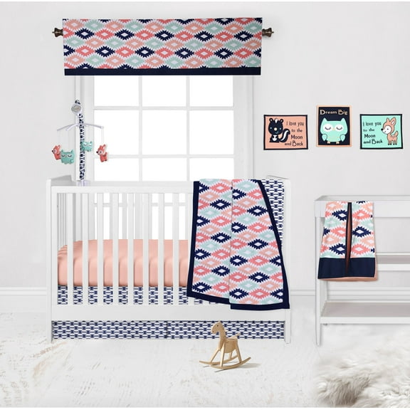 Bacati - Emma Aztec Coral/Mint/Navy 10-Piece Nursery in a Bag Crib Bedding Set 100% Cotton Percale Girls Crib Bedding Set with 2 crib fitted sheets