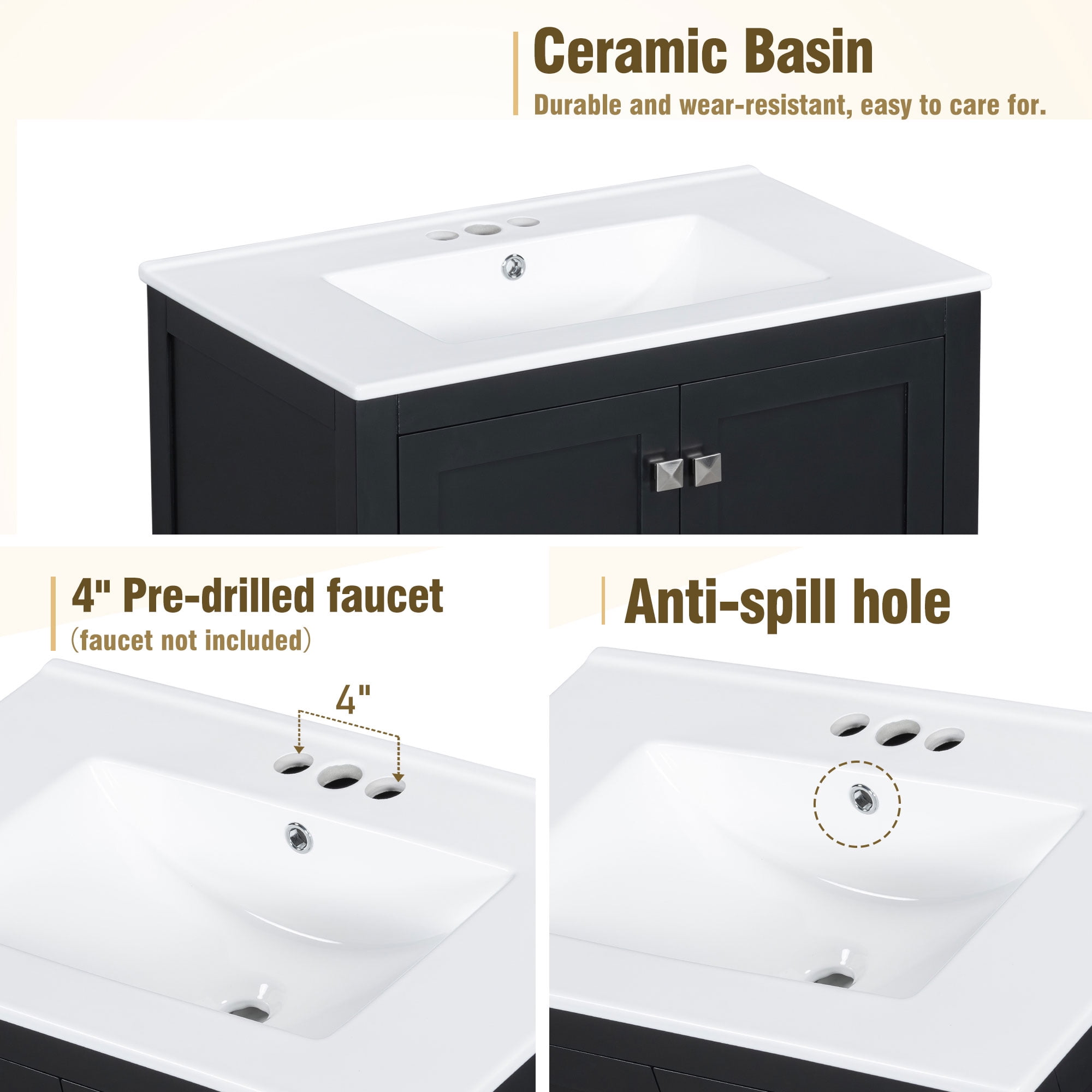 Harper & Bright Designs 30" Bathroom Vanity with Sink Combo, Bathroom Cabinet with Ceramic Top, Multifunctional Storage Doors and Drawer, Black