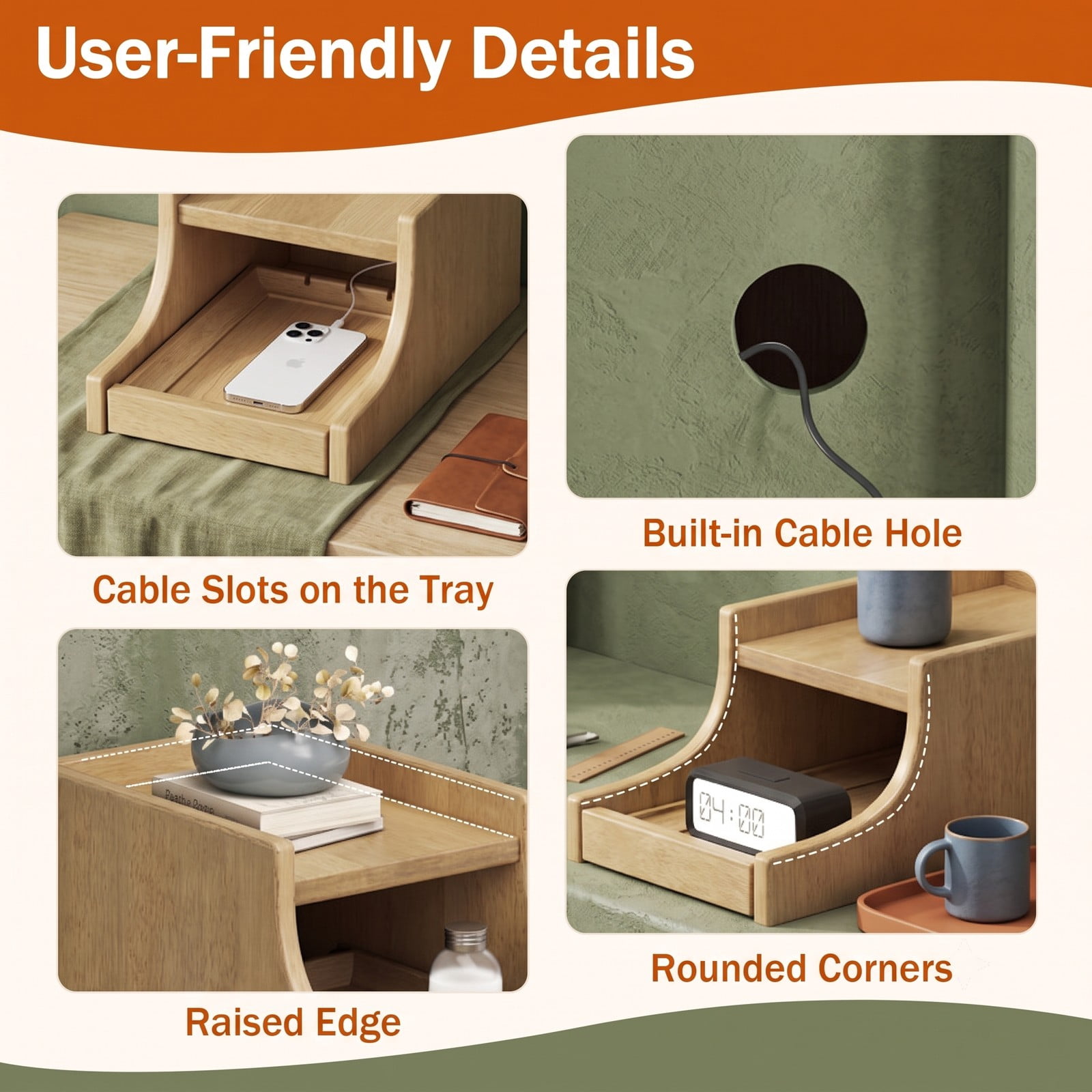 Furnibear Set of 2 Solid Rubber Wood Nightstands with Pull-out Tray and 2 Storage Drawers for Bedroom Living Room and Small Spaces, Natural
