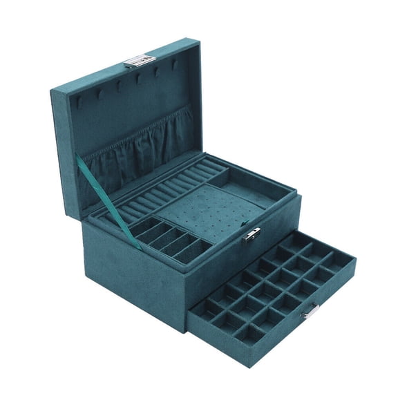 3 Layers Jewelry Organizer Storage Case Necklaces, Bracelets and Watches Jewelry Box Flannel Jewellery Box W/Drawers and Lock - Dark Green