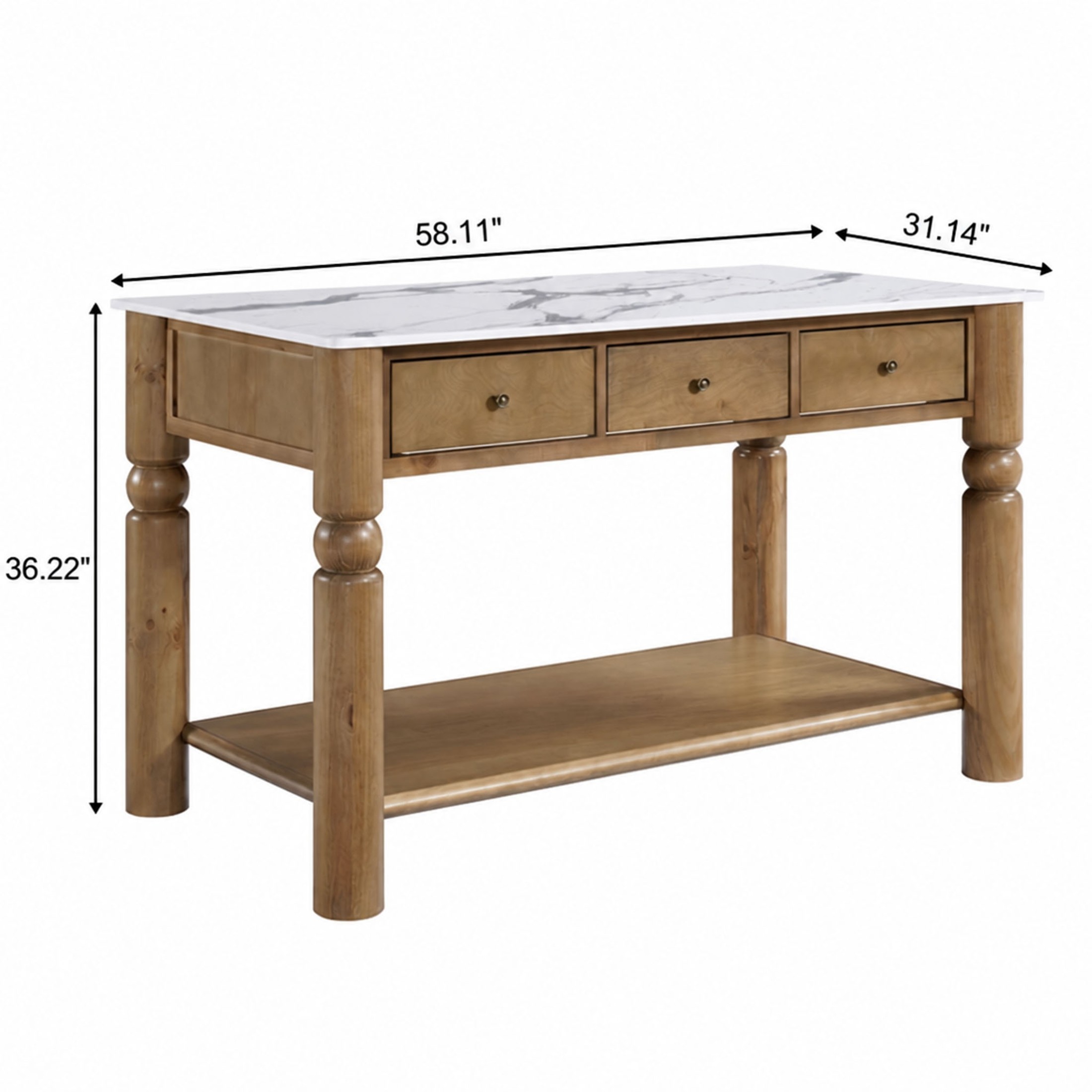 Christopher Knight Home 58" Wooden Kitchen Island, Marble-Look Top, Turned Ball Legs, Walnut+White