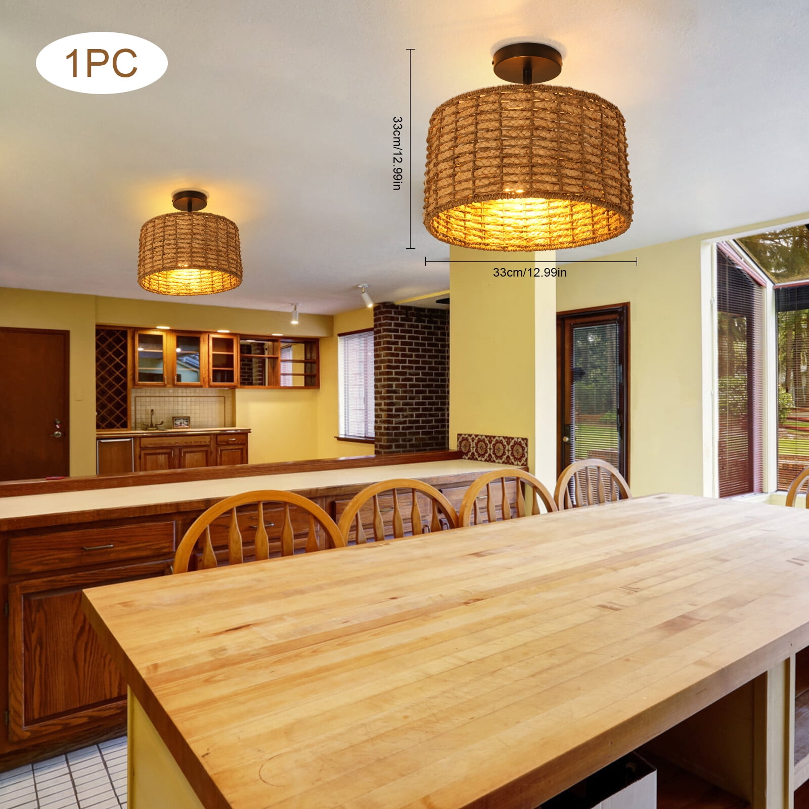 TFCFL 2-Light Vintage Rattan Pendant Light Fixture Hanging Ceiling Lamp Semi Flush Mount Chandelier