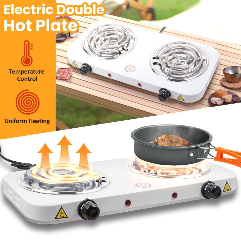 Hinzonek 2000W Portable Electric Double Burner, Hot Plate Kitchen Cooktop Cooking Stove Frying Pan and Easy to Clean for Home or Dorm, Adjustable Temperature, White