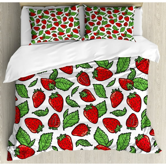 Fruit Duvet Cover Set, Juicy Strawberries with Leaves Yummy Food Organic Charming Sweets Graphic Design, Decorative 3 Piece Bedding Set with 2 Pillow Shams, Queen Size, Red Fern Green, by Ambesonne
