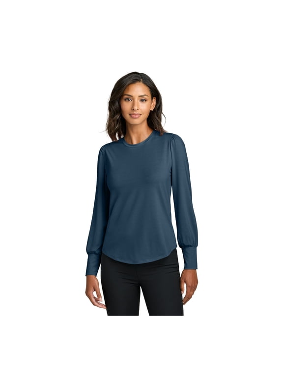 Women's Stretch Jersey Long Sleeve Blouson Top | Long Sleeve Work Blouse for Women, Casual Office Blouse - Insignia Blue L