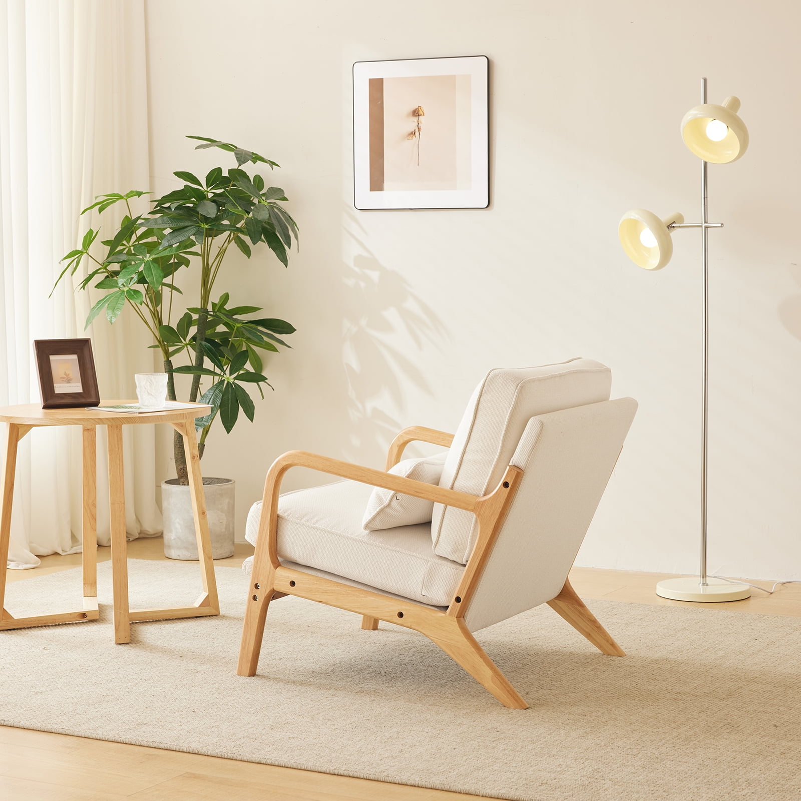 UBesGoo Modern Arm Chair Linen Fabric Upholstered Comfy Reading Accent Chair with Solid Wood Frame Beige and Oak