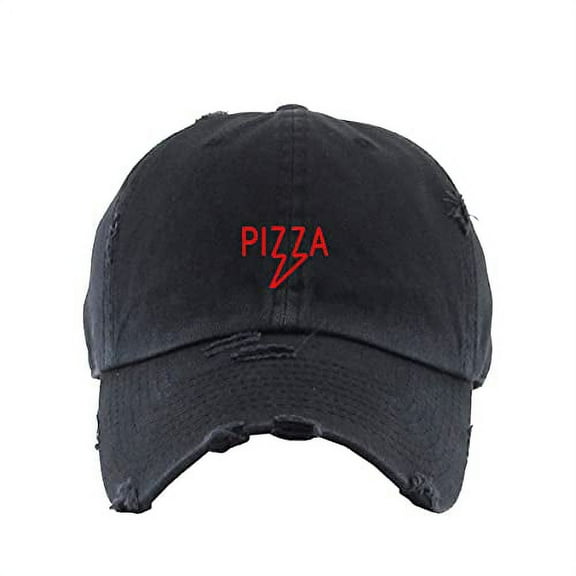 Pizza Vintage Baseball Cap Embroidered Cotton Adjustable Distressed Dad Hat Brush Black