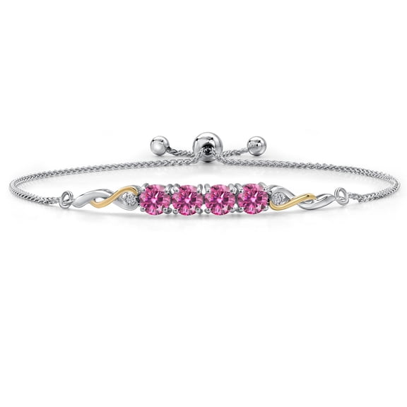 Gem Stone King 925 Silver and 10K Yellow Gold Pink Moissanite and White Lab Grown Diamond Bracelet for Women | 2.02 Cttw | Gemstone | Round 5MM | Fully Adjustable 9 inch